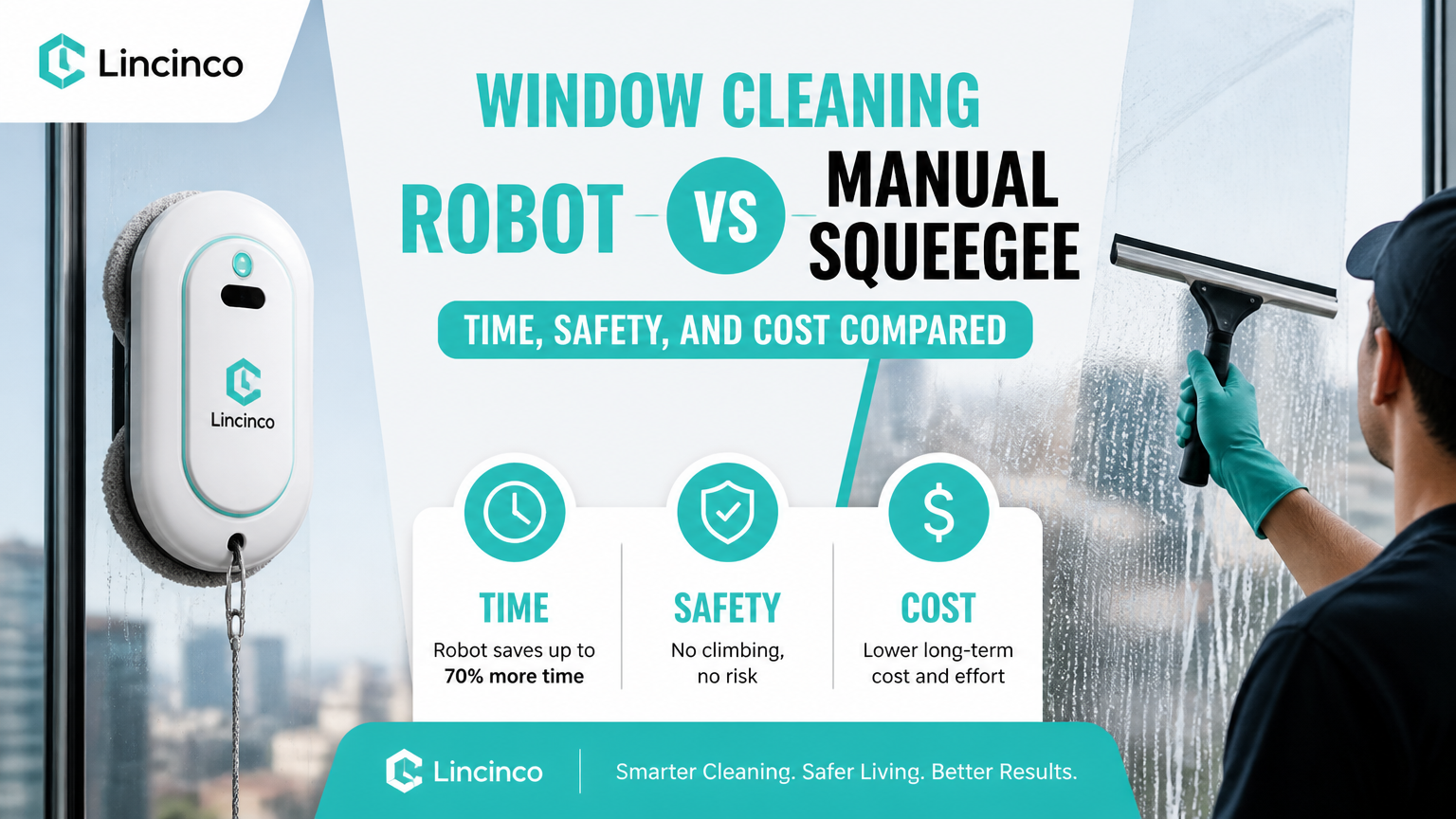 Robot limpiador de ventanas frente a escurridor manual: comparación de tiempo, seguridad y costos